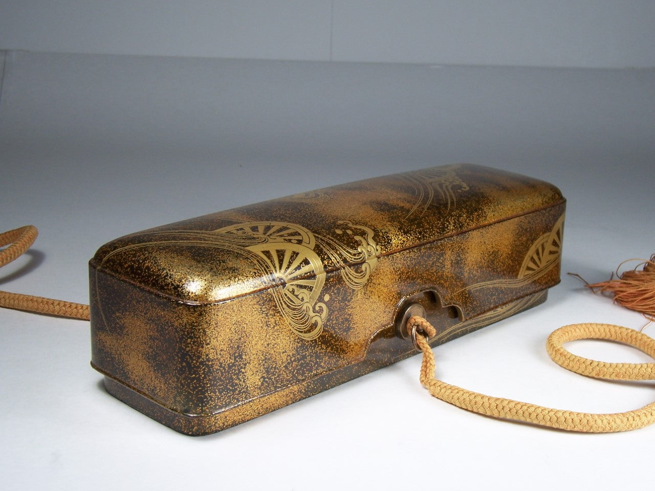Antique Japanese Edo Period Lacquer Fubako Document Box with Maki-e Wheel Motif, Circa 1800–1850