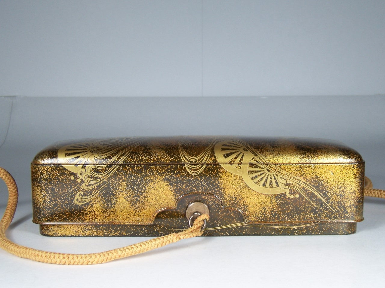Antique Japanese Edo Period Lacquer Fubako Document Box with Maki-e Wheel Motif, Circa 1800–1850