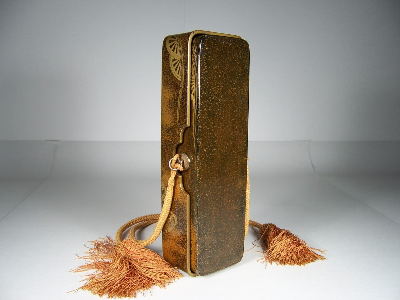 Antique Japanese Edo Period Lacquer Fubako Document Box with Maki-e Wheel Motif, Circa 1800–1850
