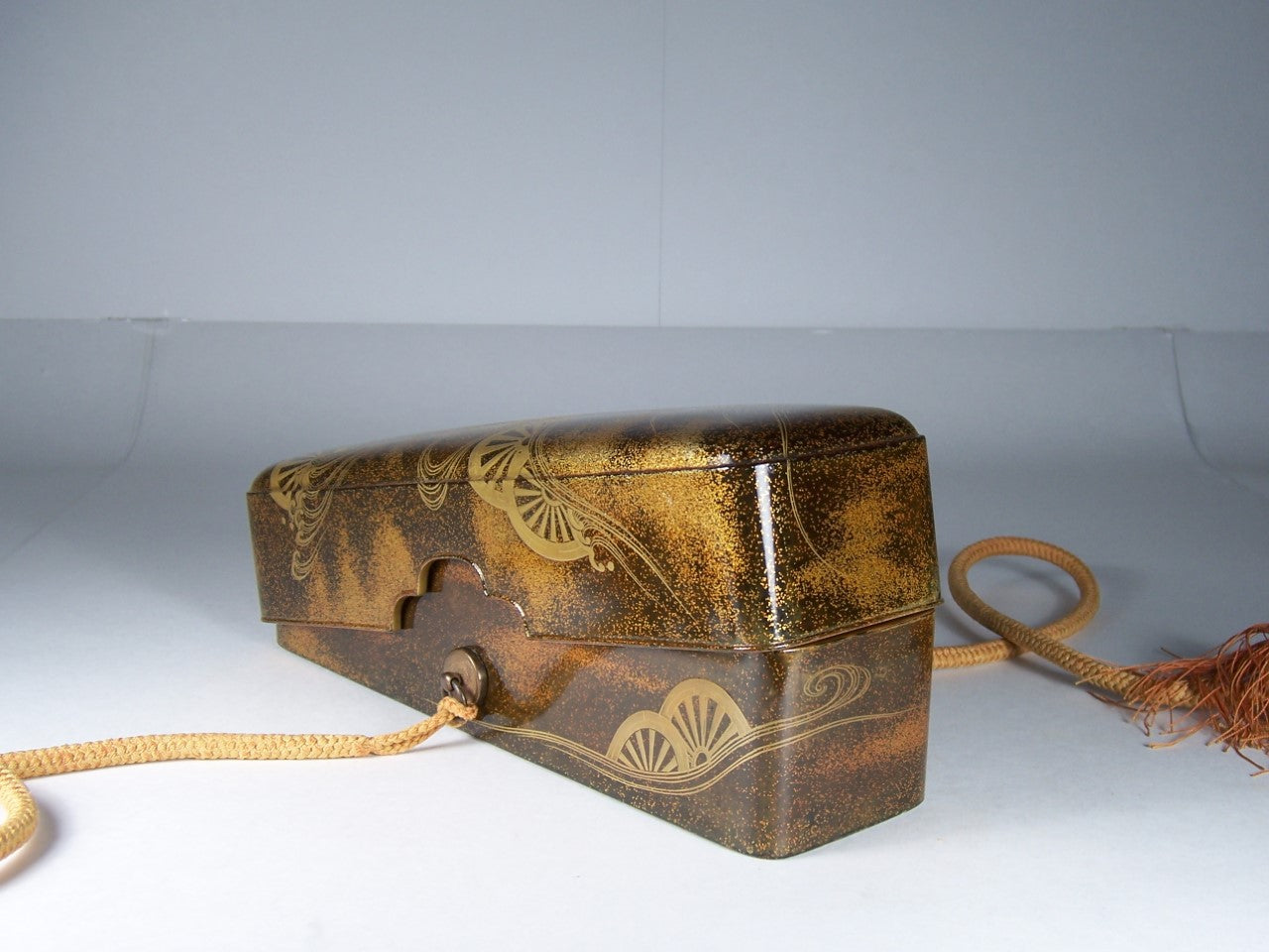 Antique Japanese Edo Period Lacquer Fubako Document Box with Maki-e Wheel Motif, Circa 1800–1850