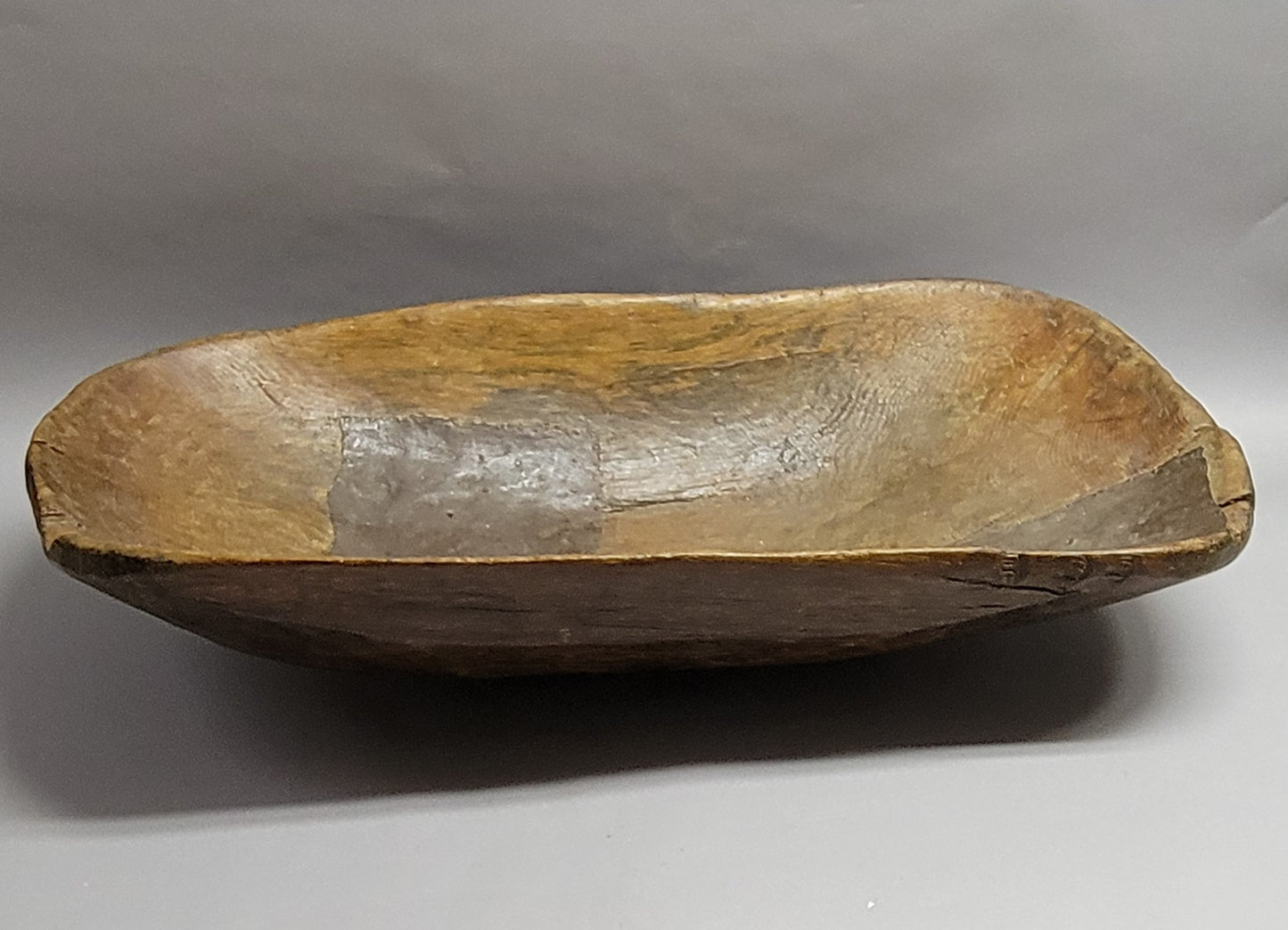 Large 19th Century Hand-Hewn American Oak Dough Bowl with Copper Repairs, 35"
