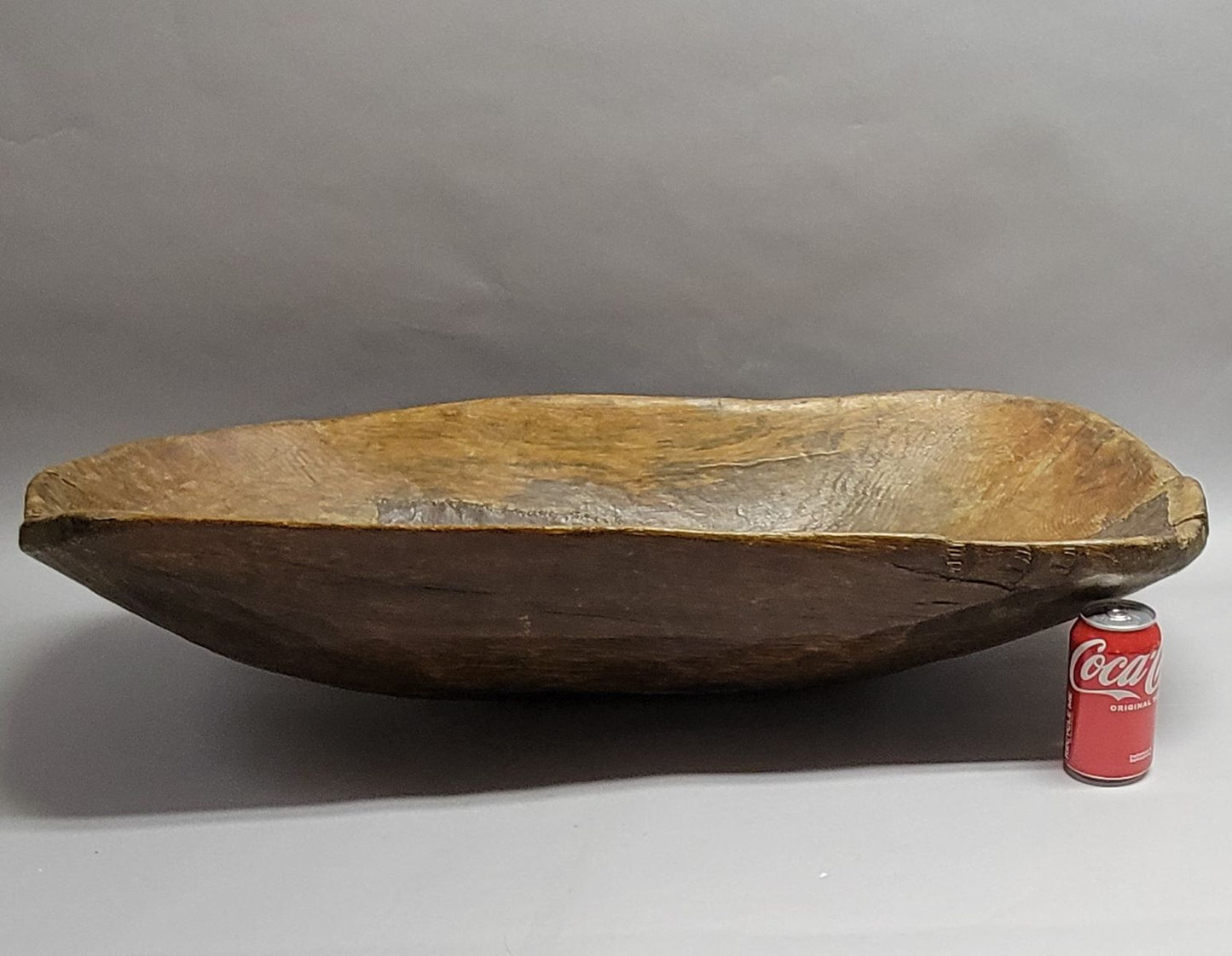 Large 19th Century Hand-Hewn American Oak Dough Bowl with Copper Repairs, 35"