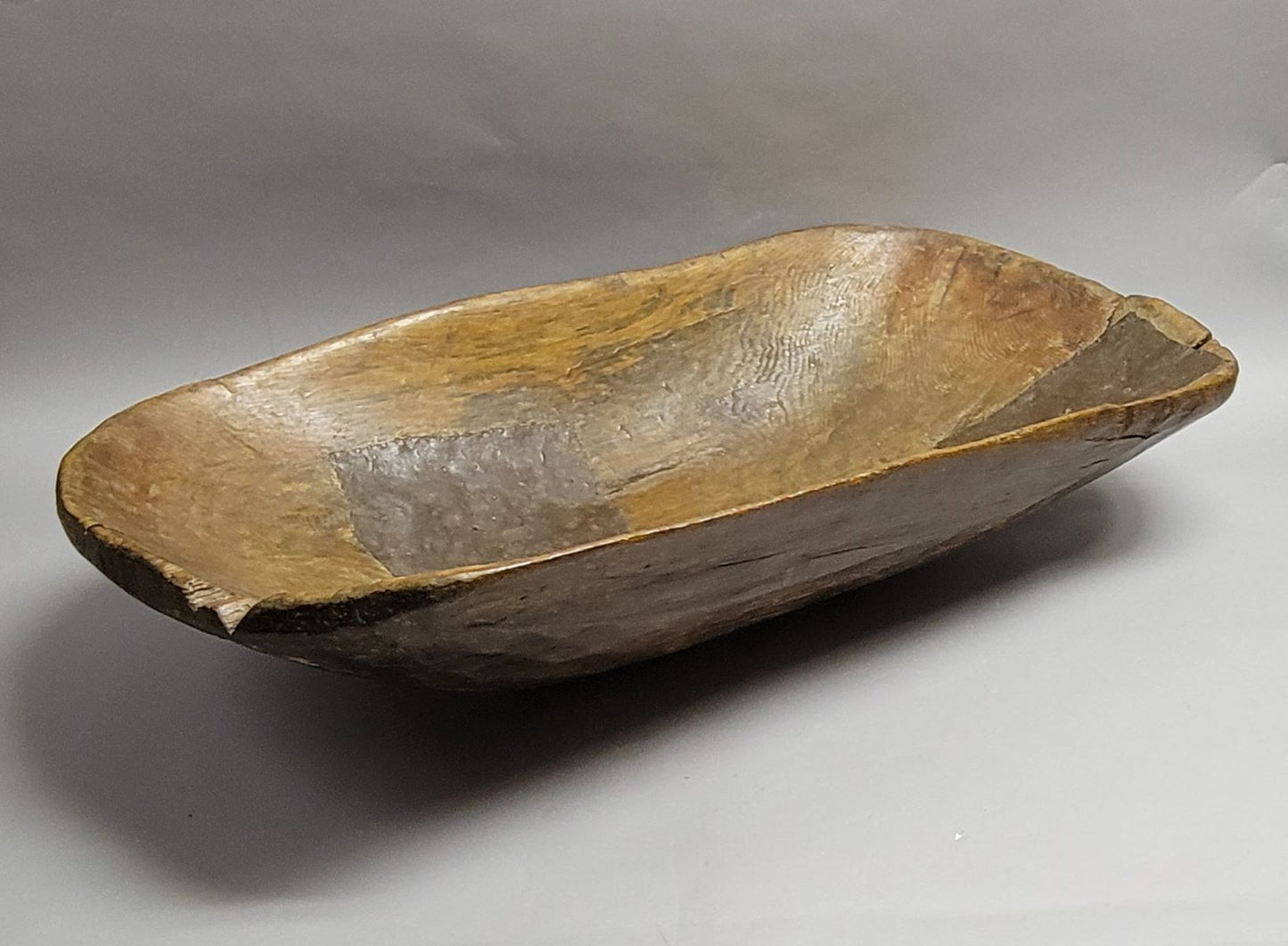 Large 19th Century Hand-Hewn American Oak Dough Bowl with Copper Repairs, 35"