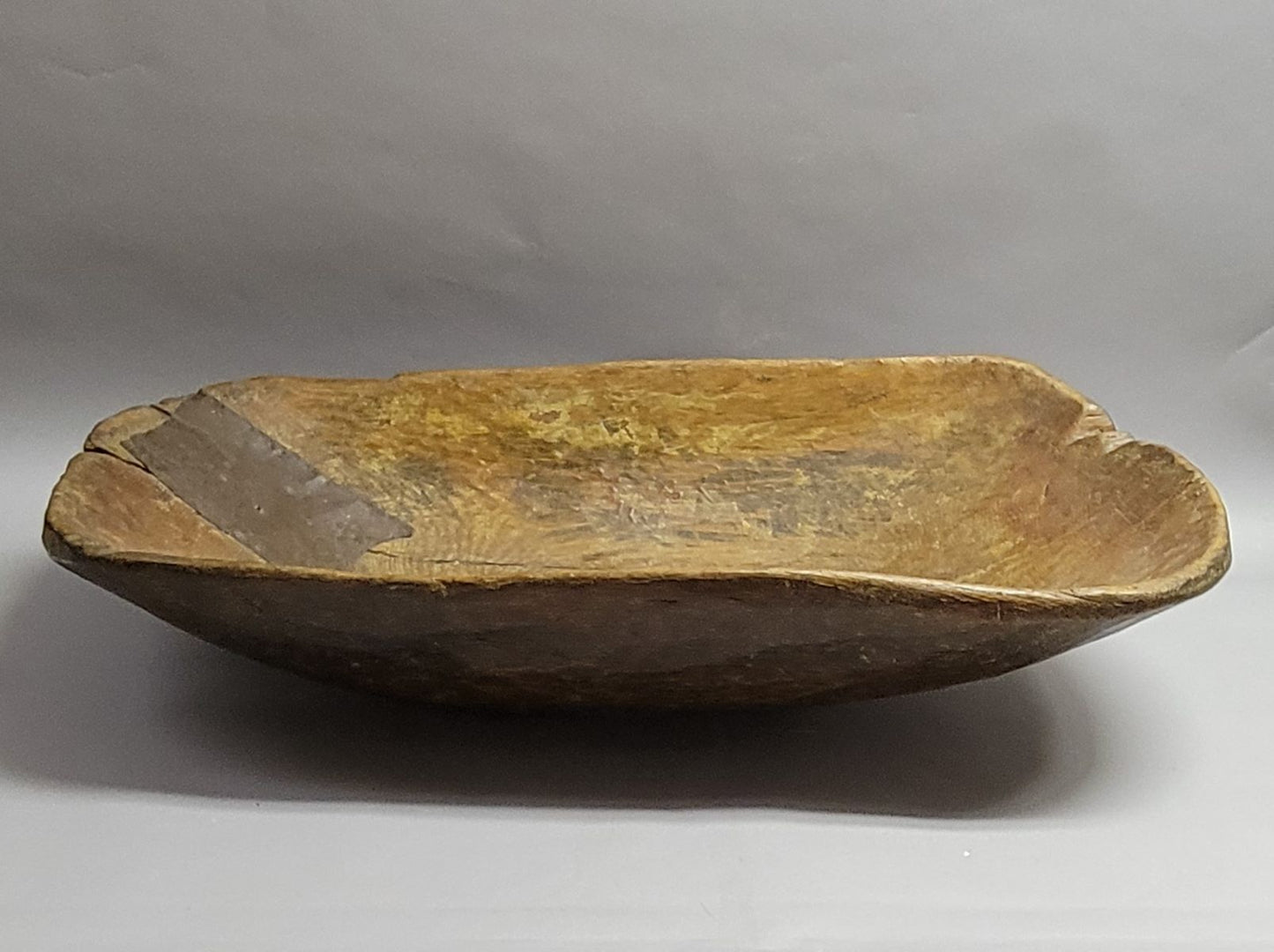 Large 19th Century Hand-Hewn American Oak Dough Bowl with Copper Repairs, 35"