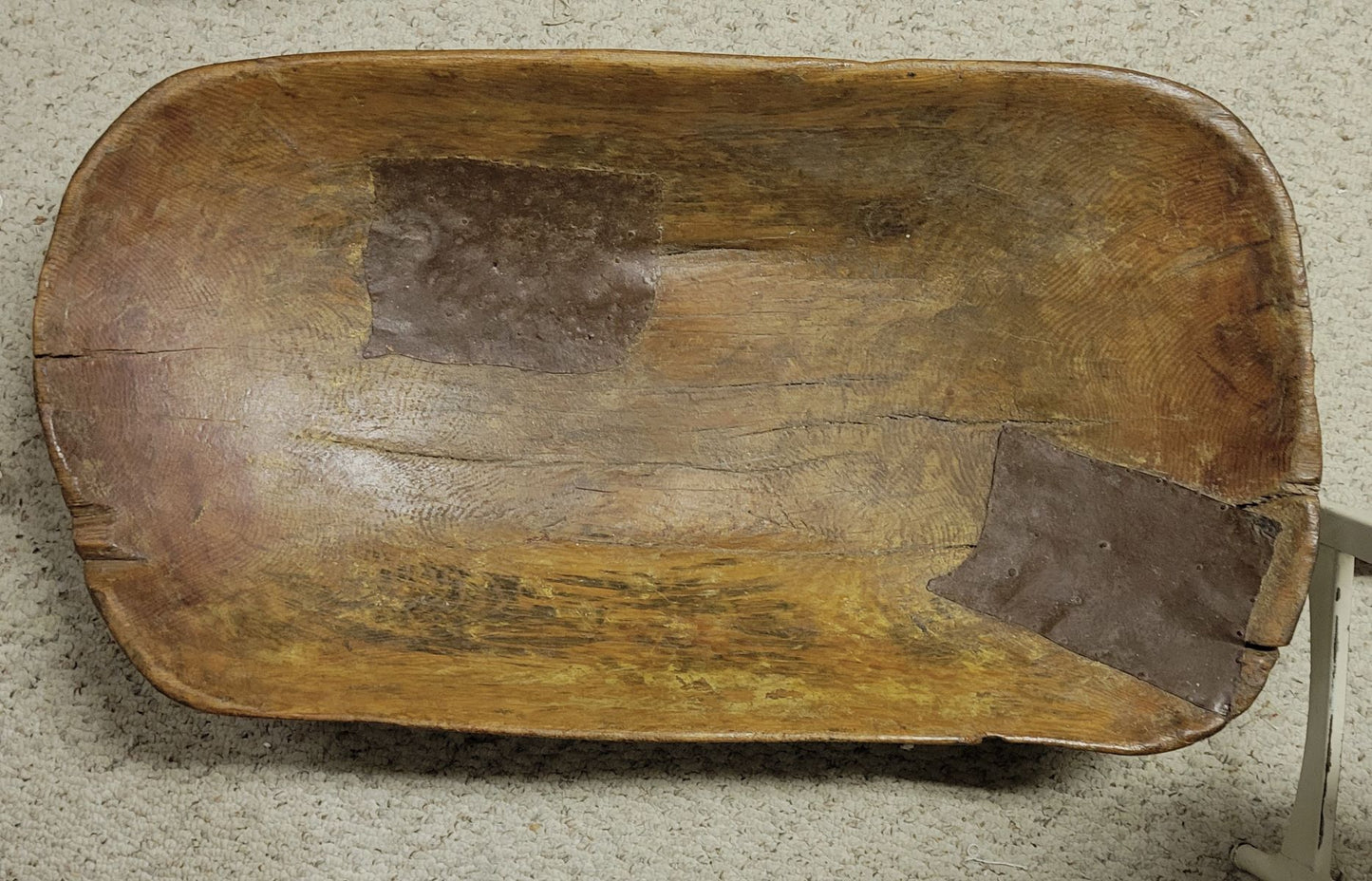 Large 19th Century Hand-Hewn American Oak Dough Bowl with Copper Repairs, 35"