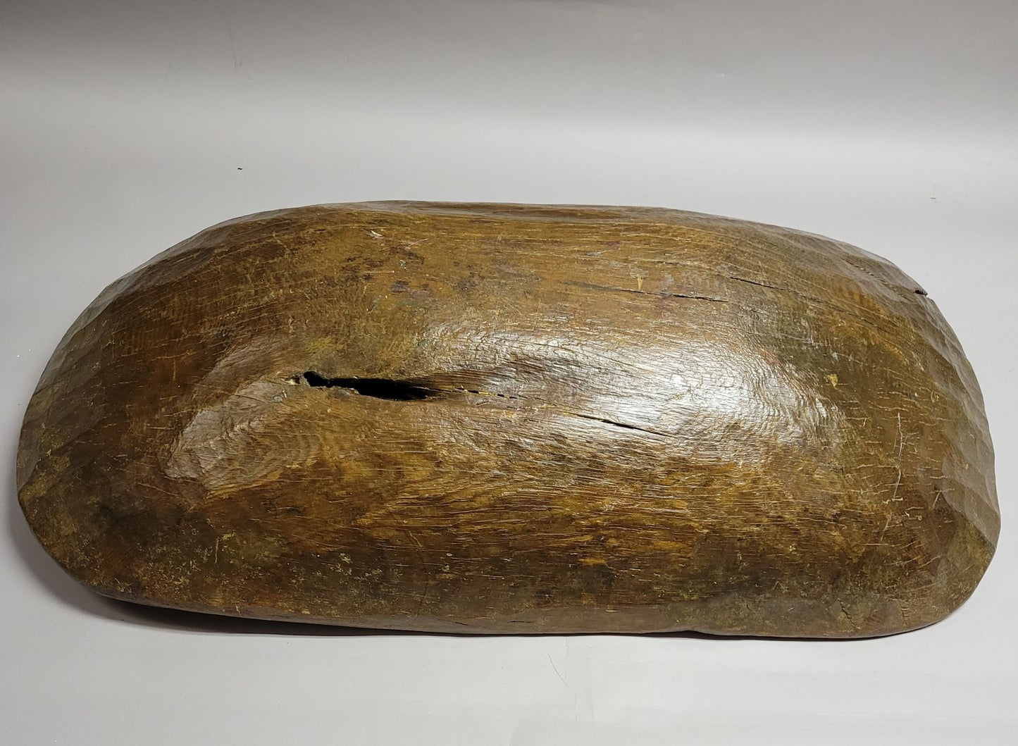 Large 19th Century Hand-Hewn American Oak Dough Bowl with Copper Repairs, 35"