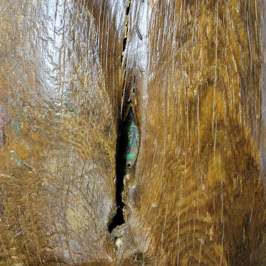 Large 19th Century Hand-Hewn American Oak Dough Bowl with Copper Repairs, 35"