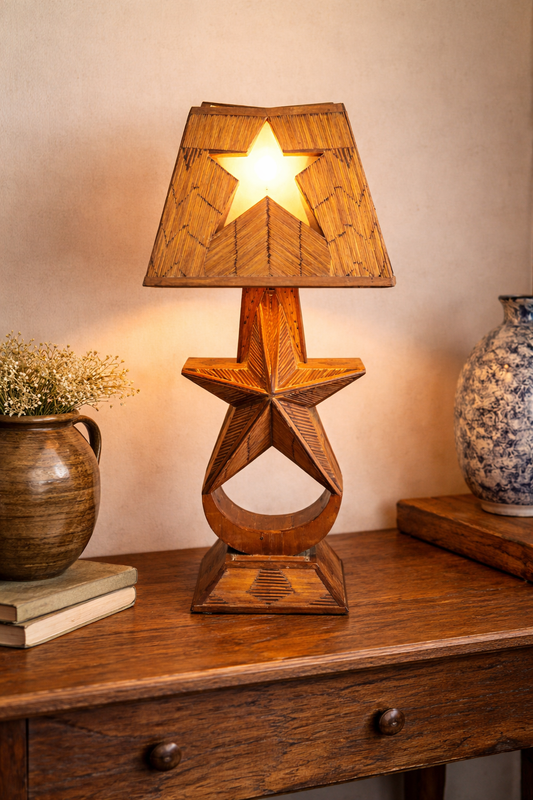 American Folk Art Matchstick Lamp with Star Motif, Mid-Century Handmade