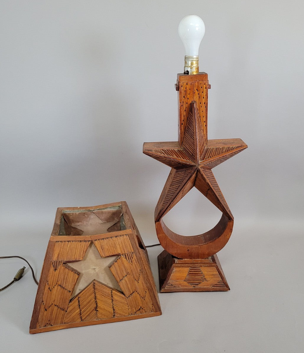 American Folk Art Matchstick Lamp with Star Motif, Mid-Century Handmade