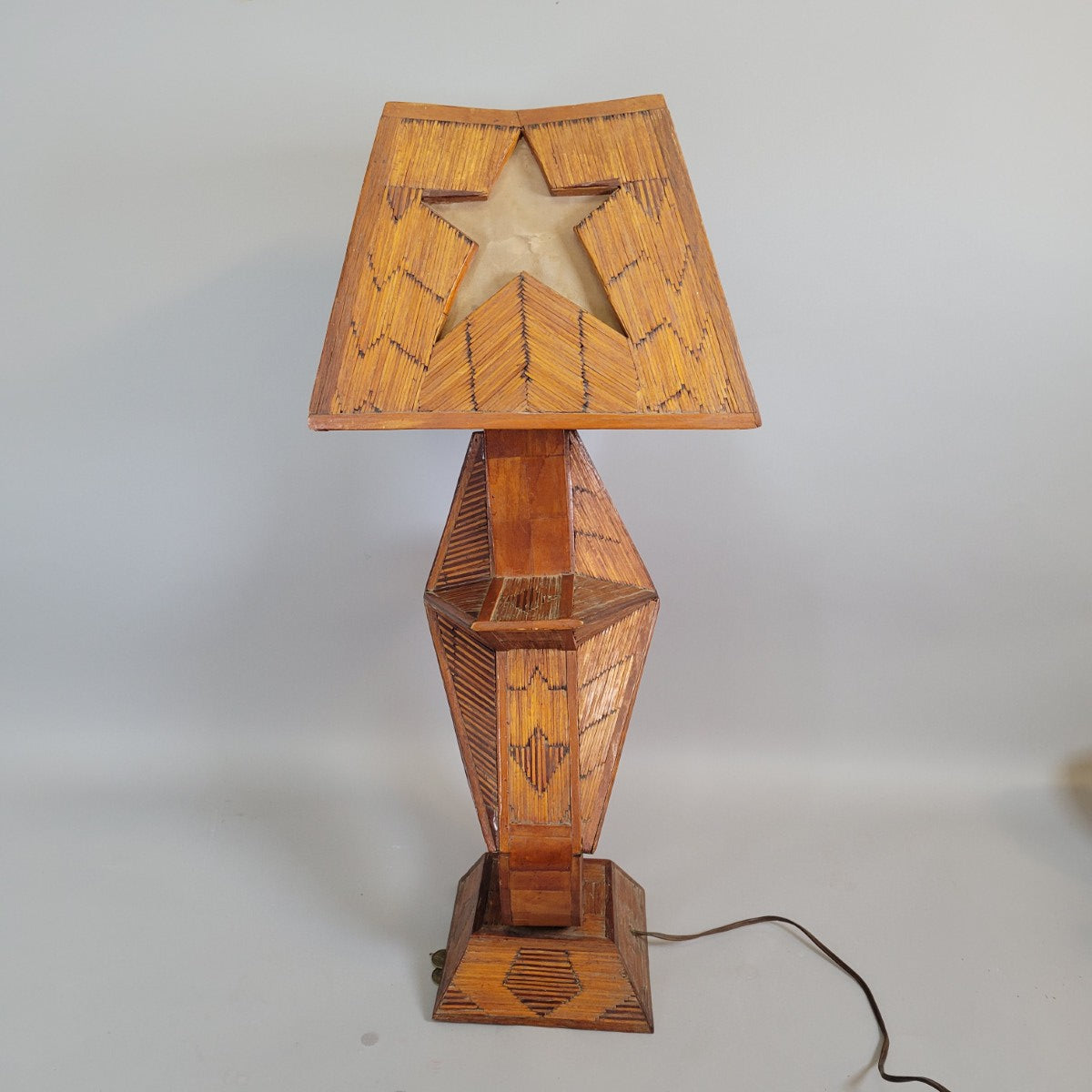 American Folk Art Matchstick Lamp with Star Motif, Mid-Century Handmade