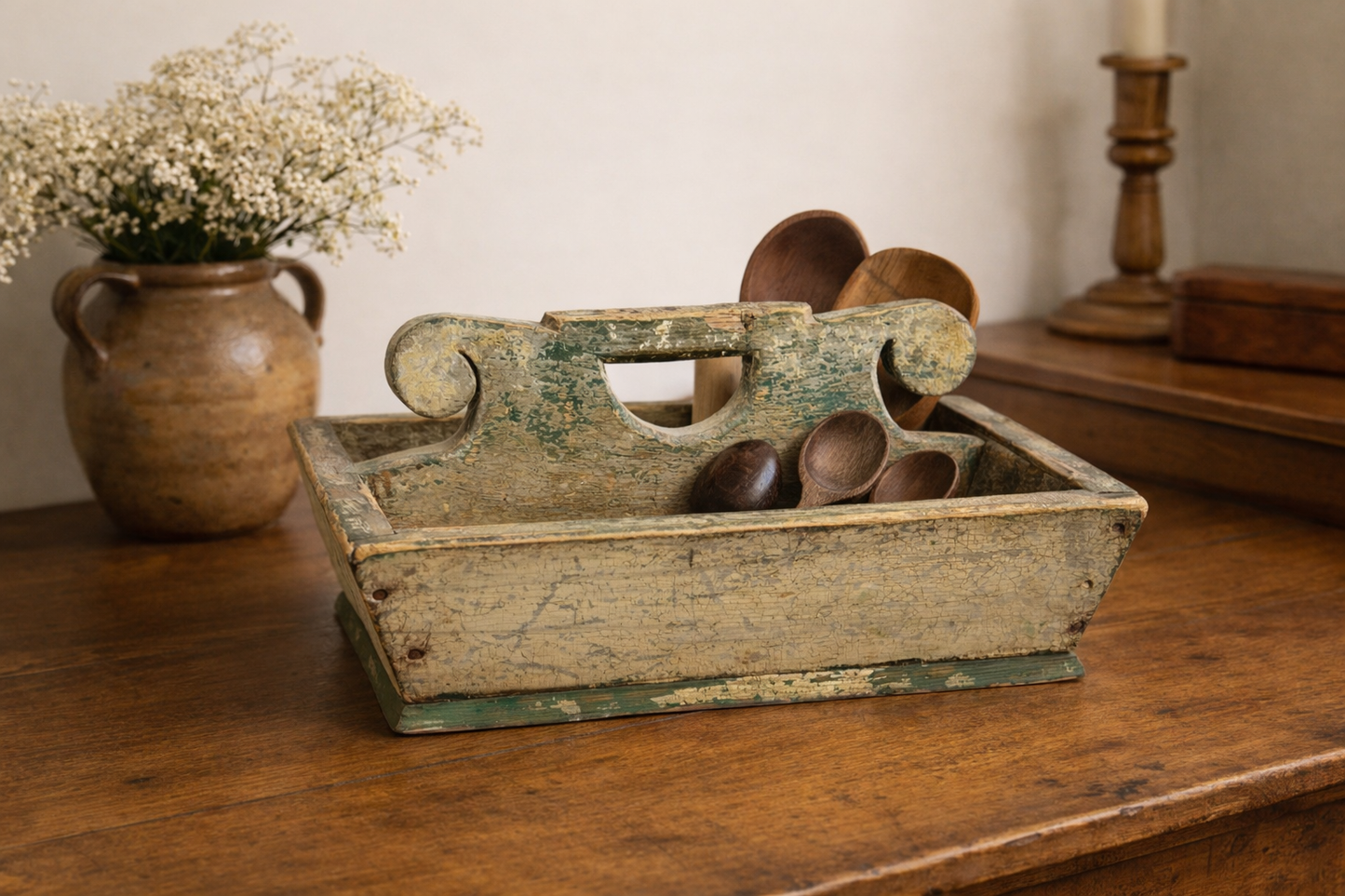 Early American Primitive Painted Pine Utensil Carrier, Circa 1800–1830