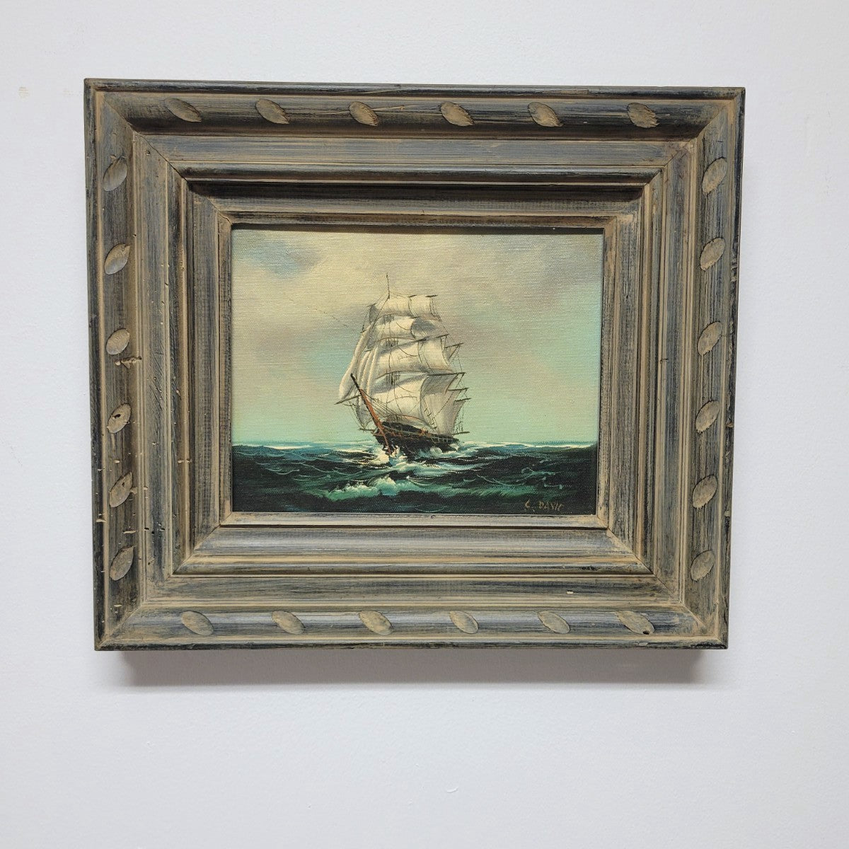 Vintage Signed Marine Oil Painting of a Clipper Ship at Sea in Distressed Frame