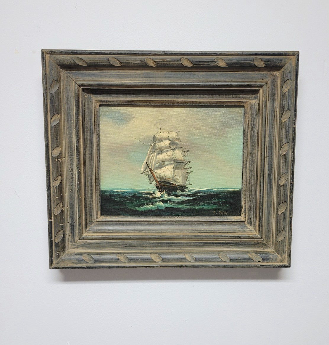 Vintage Signed Marine Oil Painting of a Clipper Ship at Sea in Distressed Frame