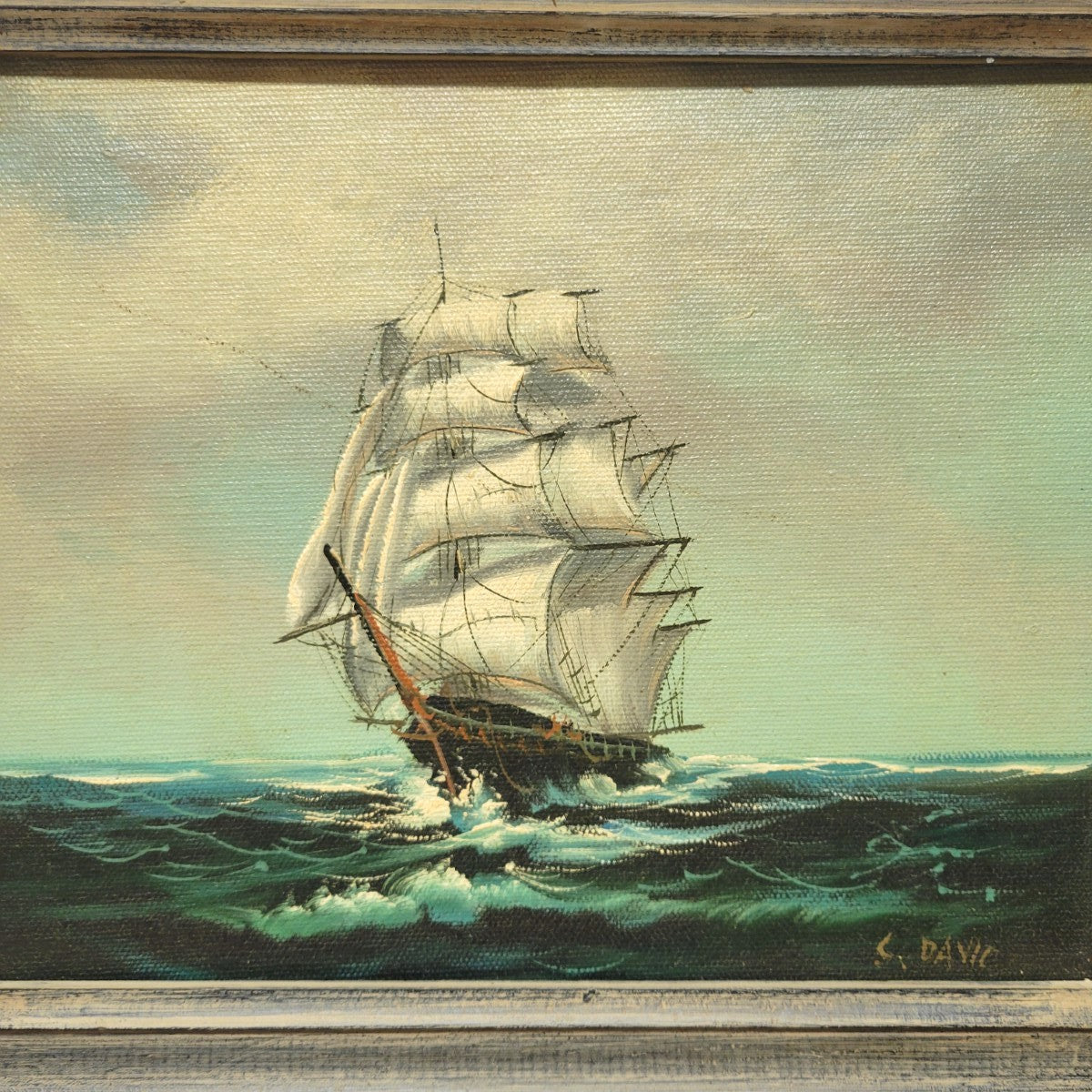 Vintage Signed Marine Oil Painting of a Clipper Ship at Sea in Distressed Frame