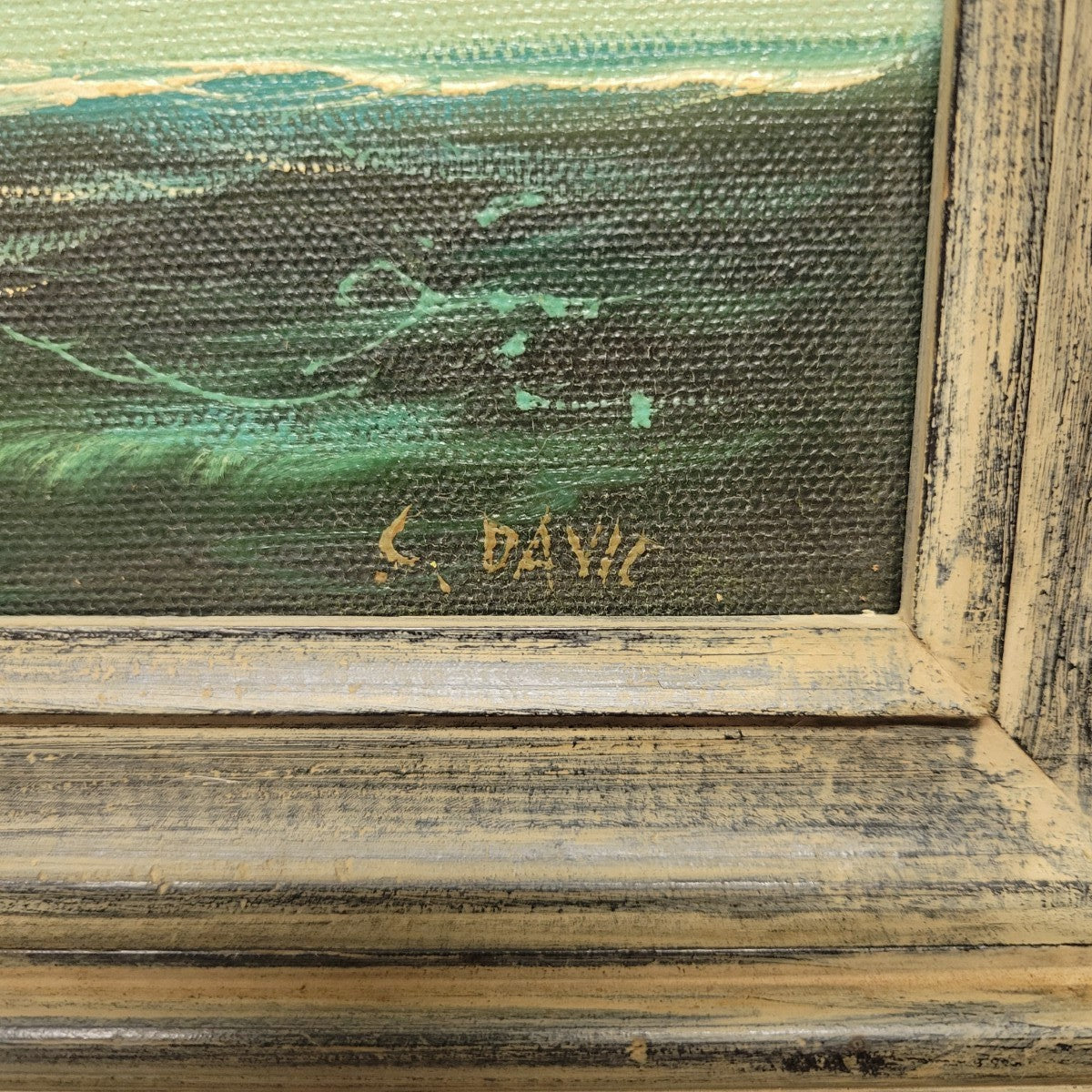 Vintage Signed Marine Oil Painting of a Clipper Ship at Sea in Distressed Frame