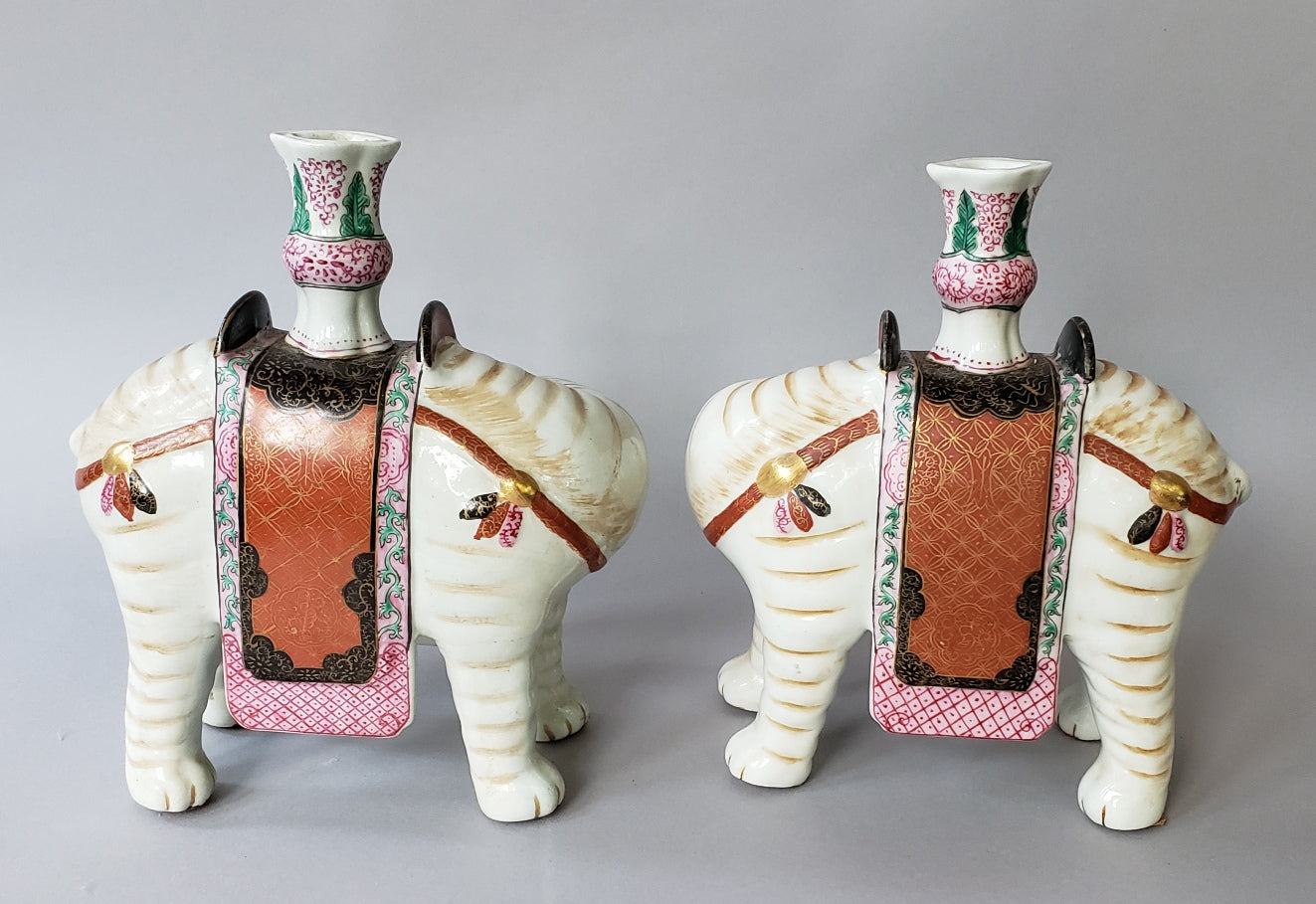 Pair Mottahedeh Porcelain Elephant Candlesticks Winterthur Museum Reproduction, 1970s