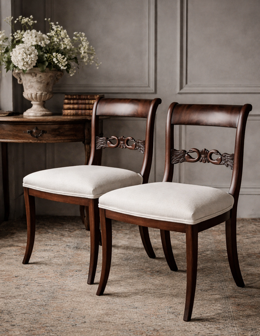 Pair of English Regency Mahogany Side Chairs with Carved Swan Splats, Circa 1820