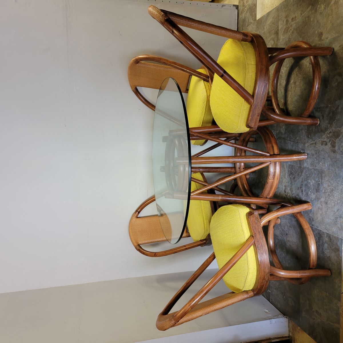 Vintage Organic Modern Rattan Dining Set with Four Swivel Chairs
