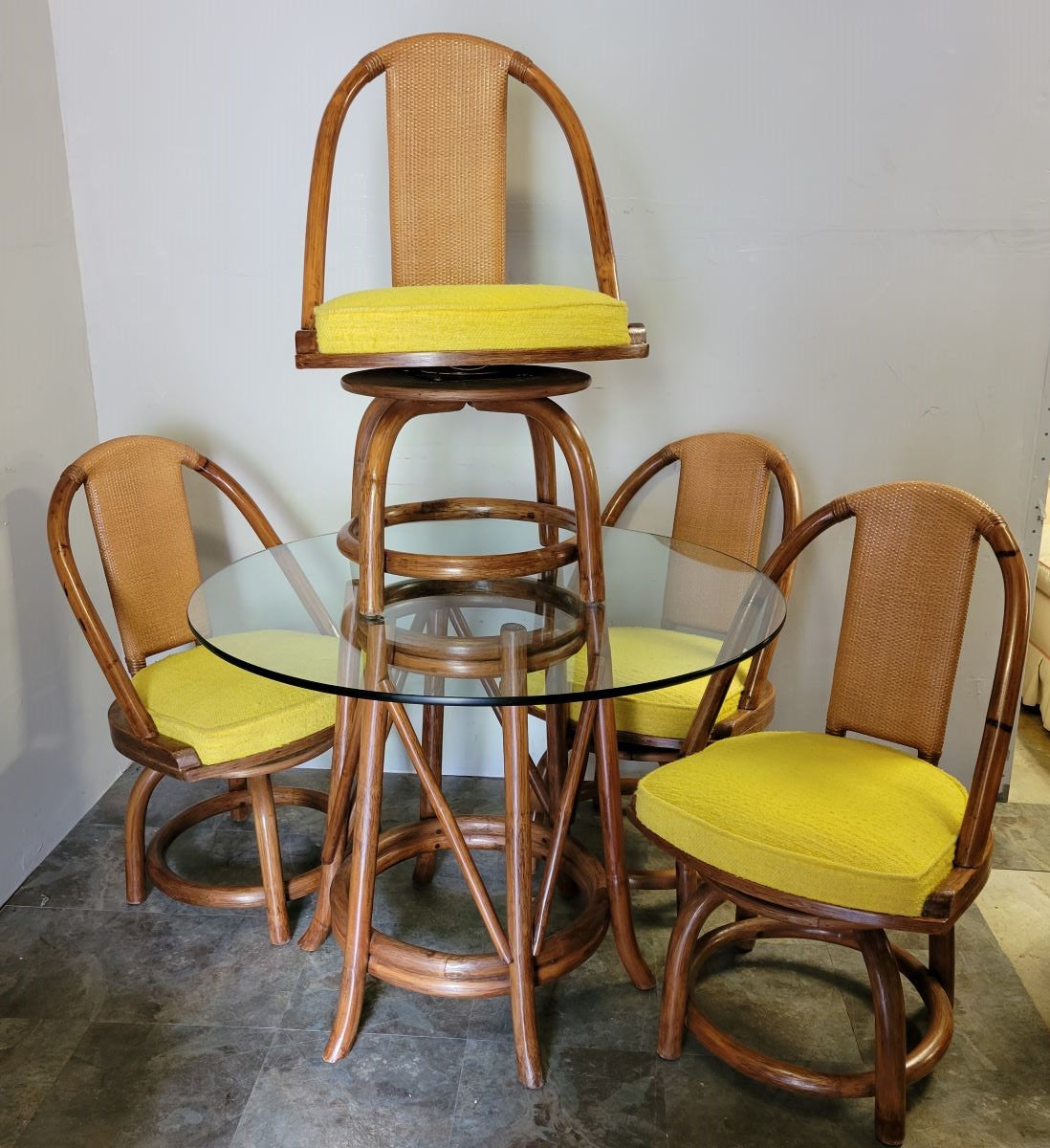 Vintage Organic Modern Rattan Dining Set with Four Swivel Chairs