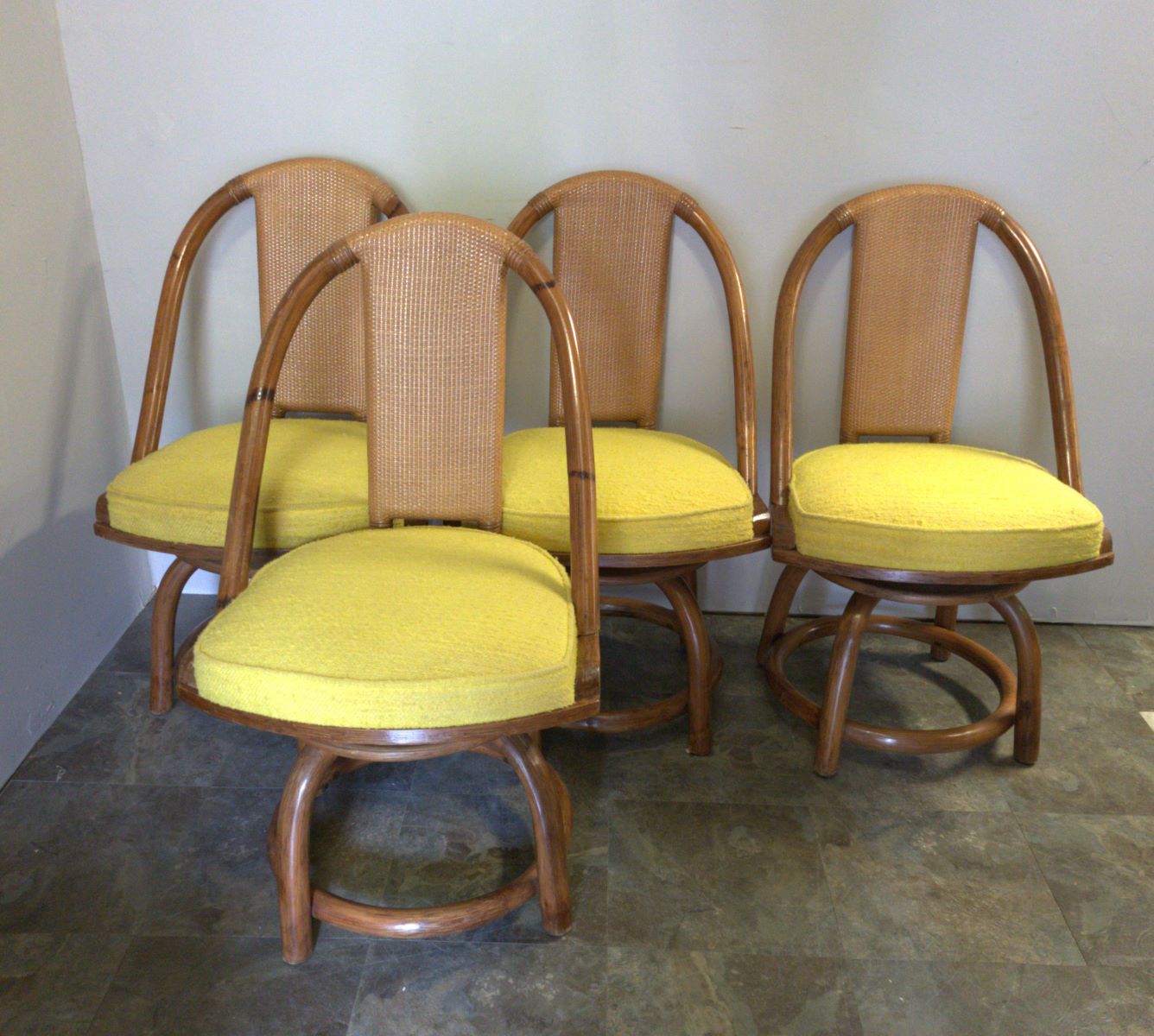 Vintage Organic Modern Rattan Dining Set with Four Swivel Chairs