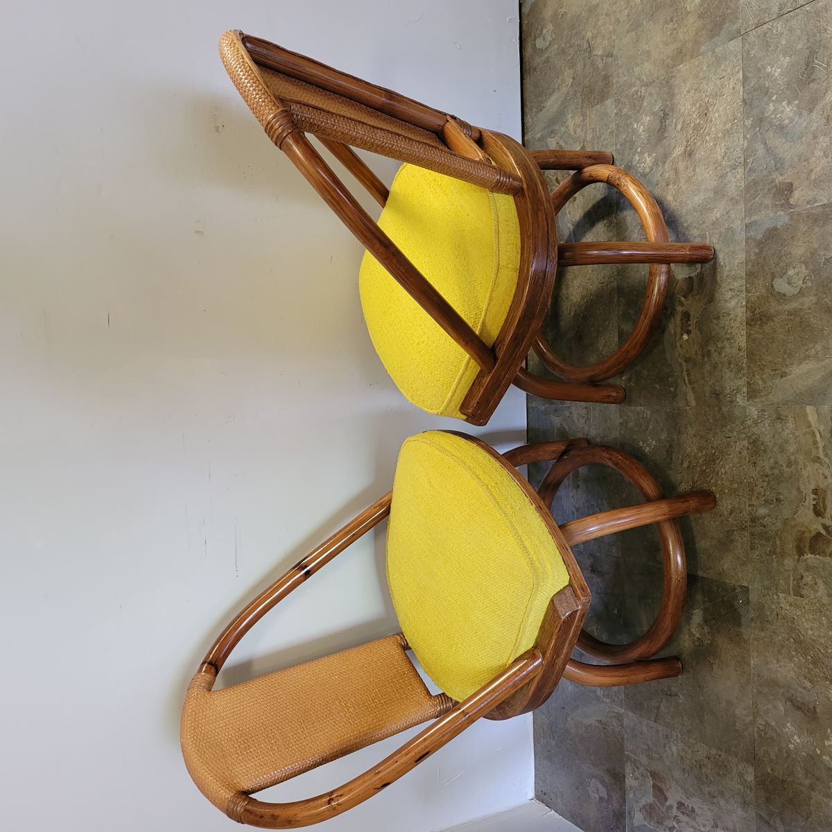 Vintage Organic Modern Rattan Dining Set with Four Swivel Chairs