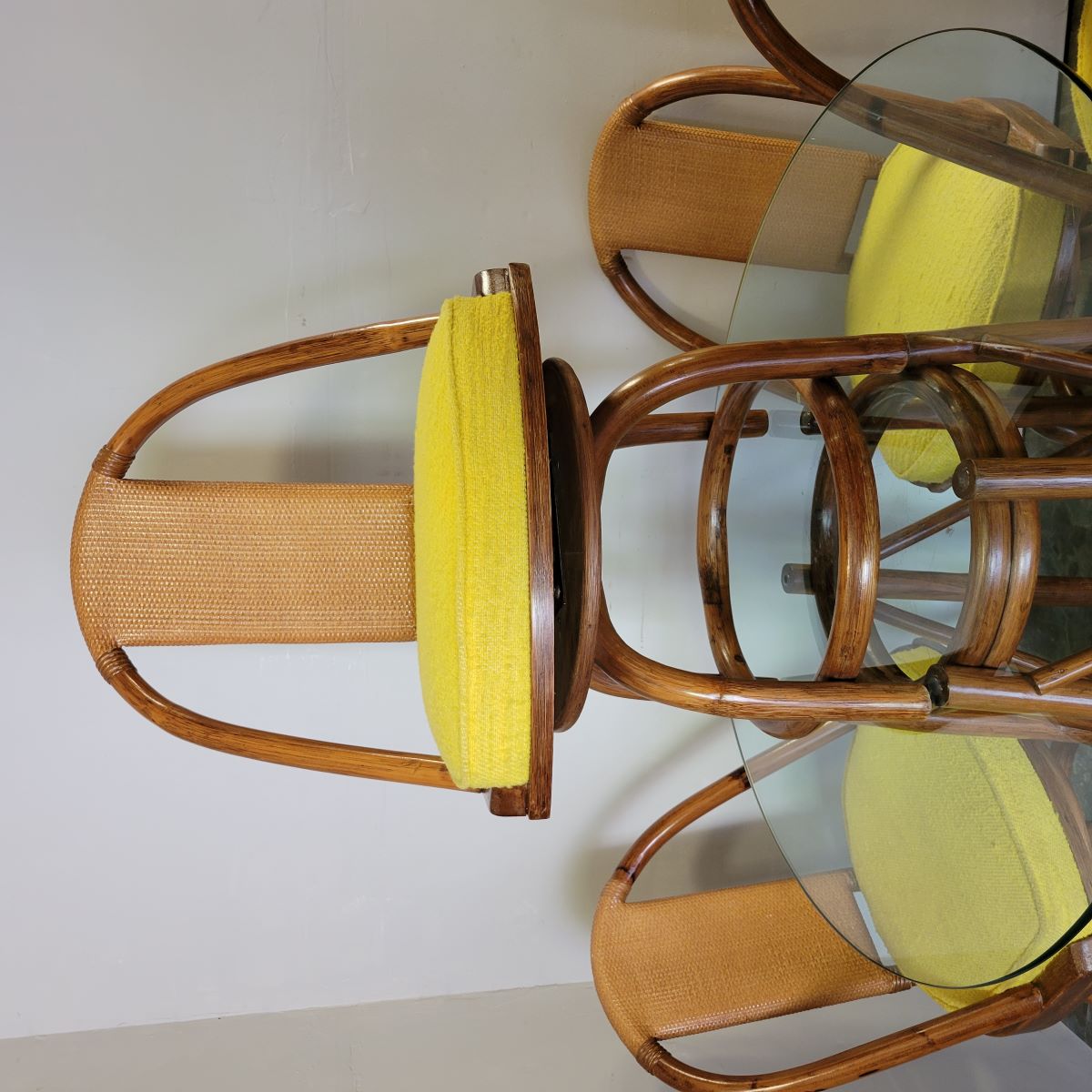 Vintage Organic Modern Rattan Dining Set with Four Swivel Chairs