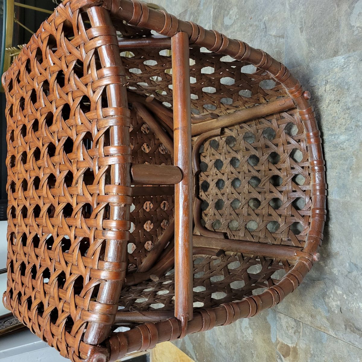 Vintage Basketweave Rattan Lounge Chair with Sculptural Handled Back, 1970s