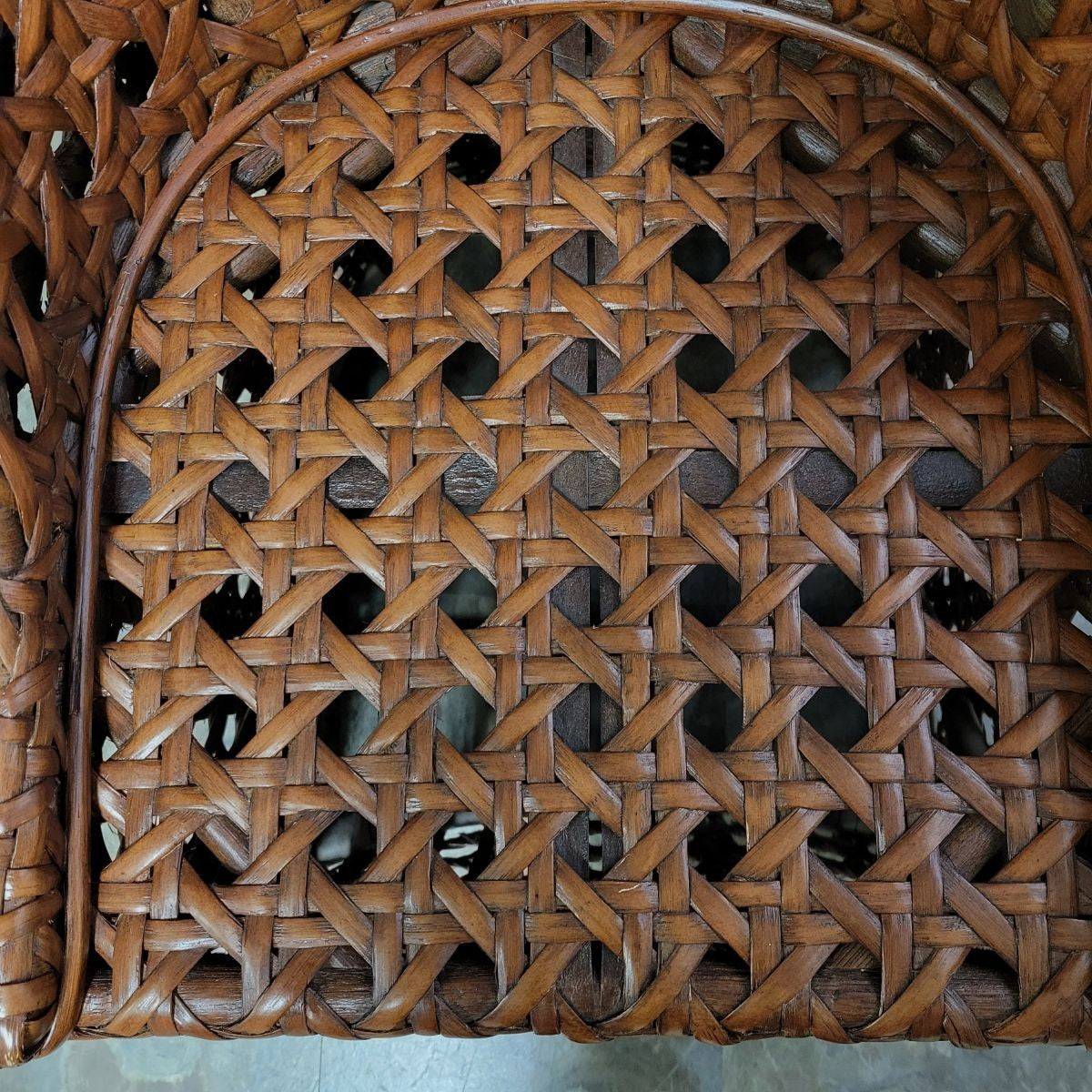 Vintage Basketweave Rattan Lounge Chair with Sculptural Handled Back, 1970s