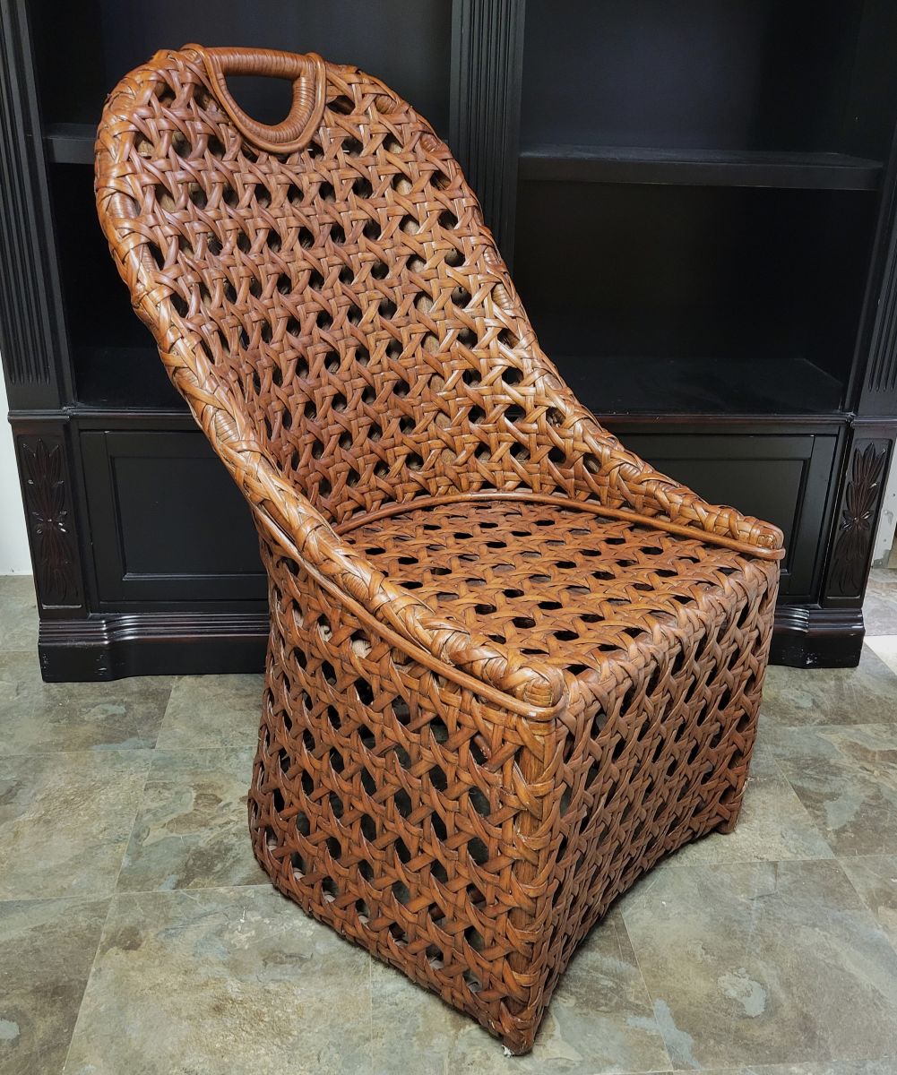 Vintage Basketweave Rattan Lounge Chair with Sculptural Handled Back, 1970s