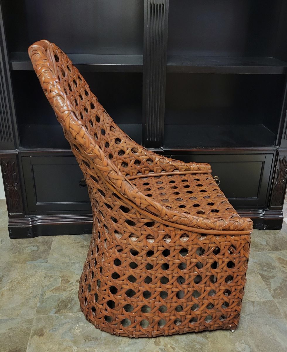 Vintage Basketweave Rattan Lounge Chair with Sculptural Handled Back, 1970s