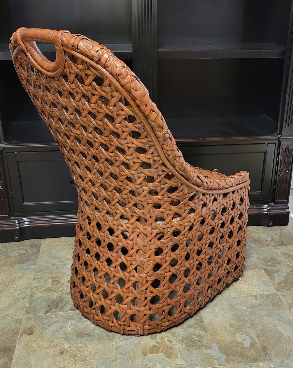 Vintage Basketweave Rattan Lounge Chair with Sculptural Handled Back, 1970s