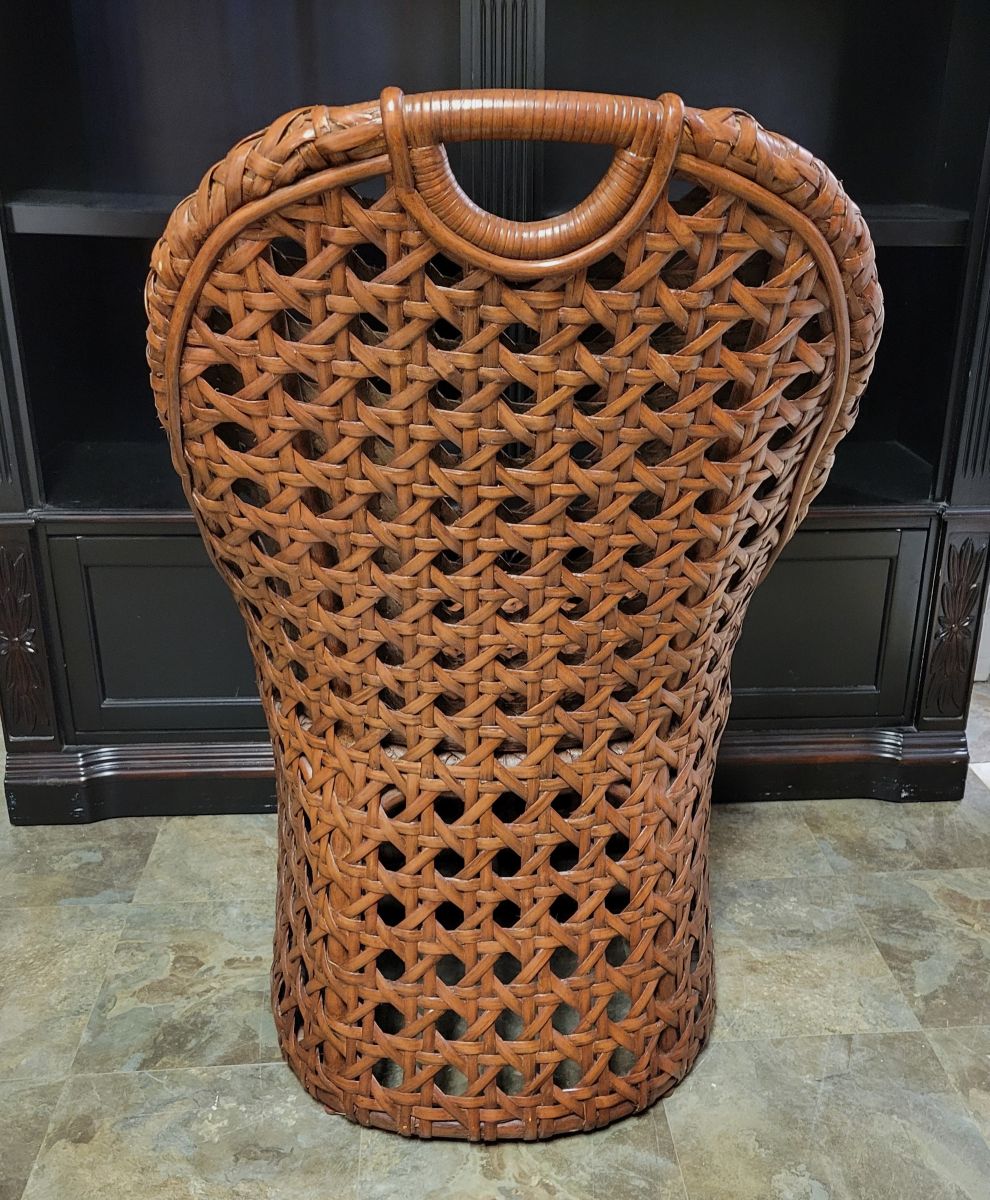 Vintage Basketweave Rattan Lounge Chair with Sculptural Handled Back, 1970s