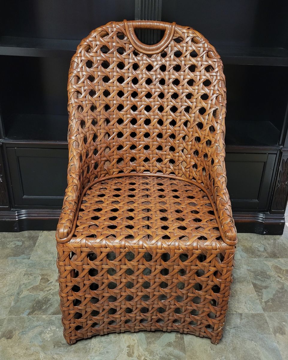 Vintage Basketweave Rattan Lounge Chair with Sculptural Handled Back, 1970s