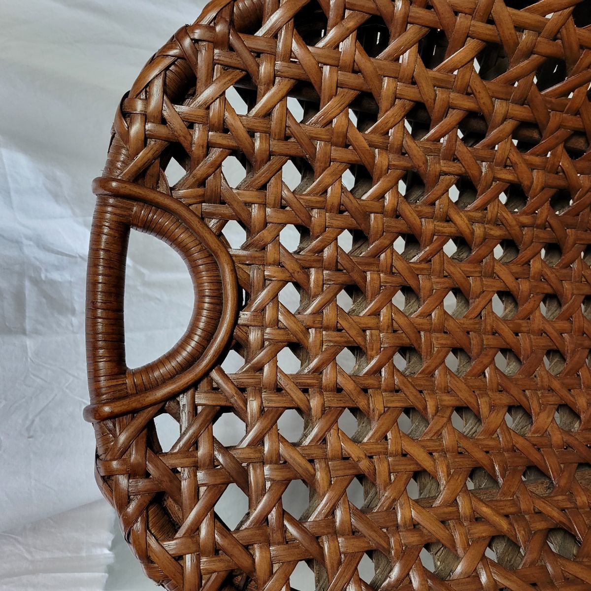 Vintage Basketweave Rattan Lounge Chair with Sculptural Handled Back, 1970s