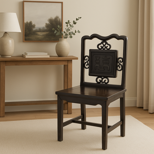 Late Qing Chinese Ebonized Elm Yokeback Side Chair with Archaistic Carved Panel, c. 1880–1915