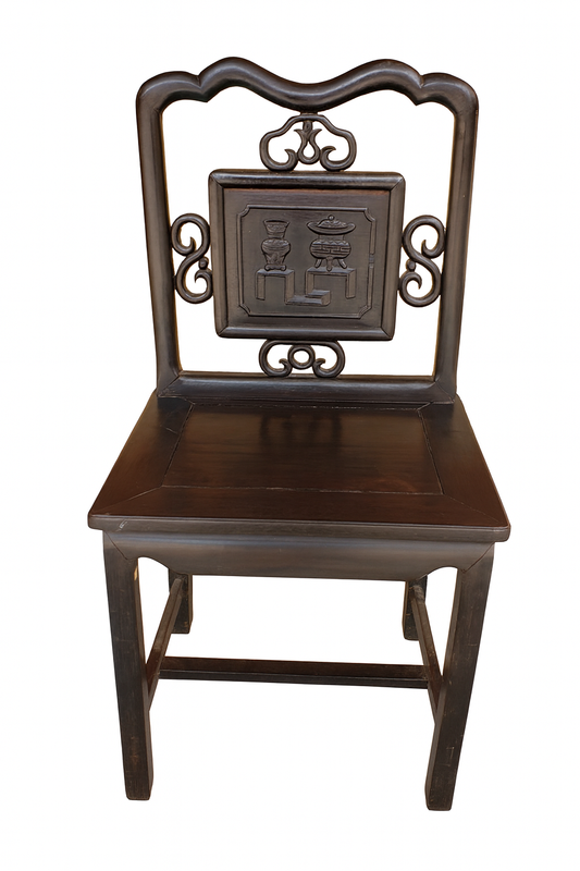Late Qing Chinese Ebonized Elm Yokeback Side Chair with Archaistic Carved Panel, c. 1880–1915