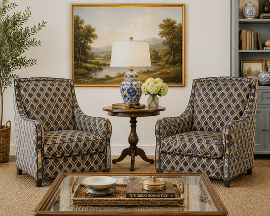 Bernhardt Portfolio Transitional Club Chairs in Navy & Tan Geometric Upholstery — Pair