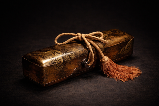 Antique Japanese Edo Period Lacquer Fubako Document Box with Maki-e Wheel Motif, Circa 1800–1850