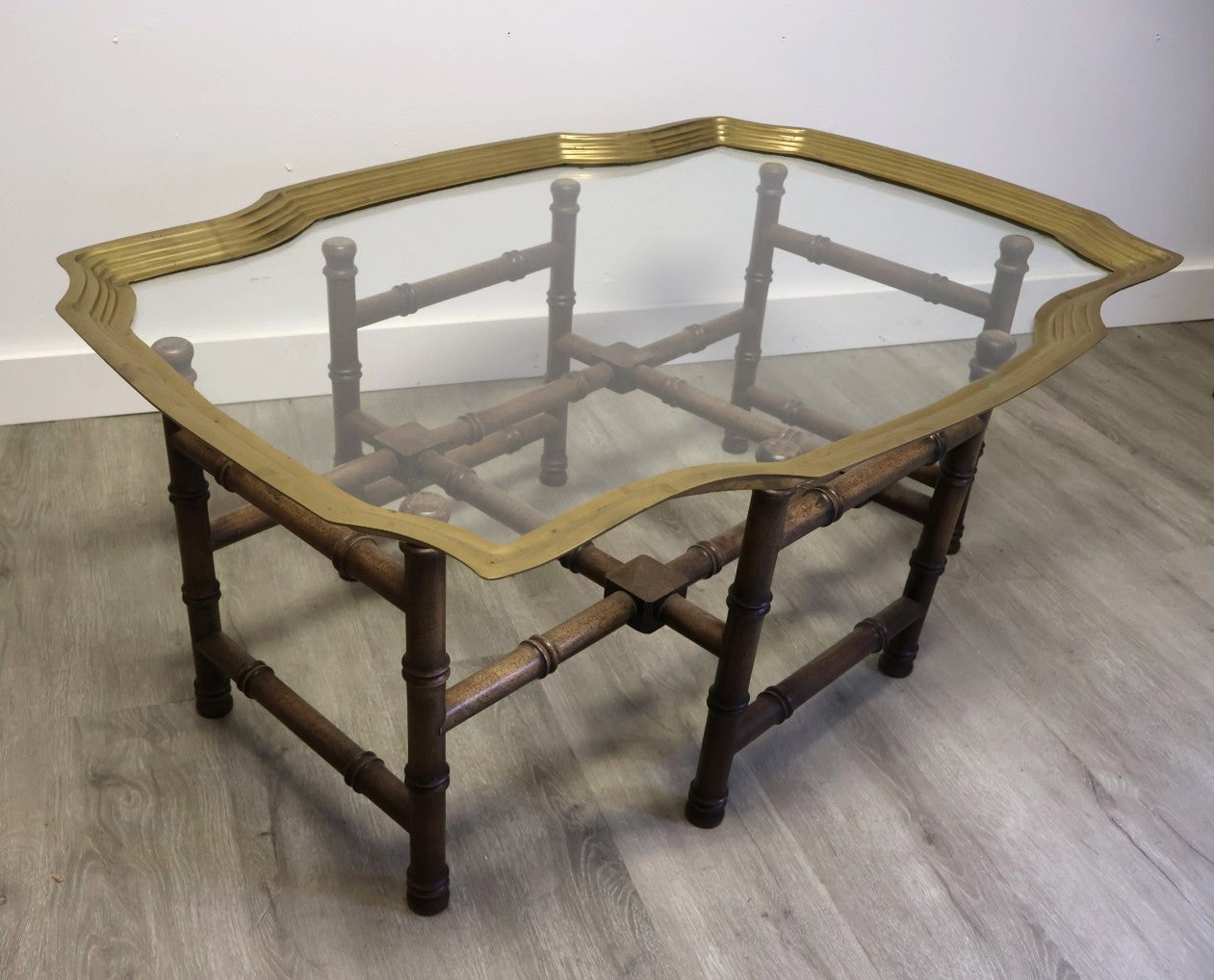 Hollywood Regency Faux Bamboo Brass & Glass Coffee Table