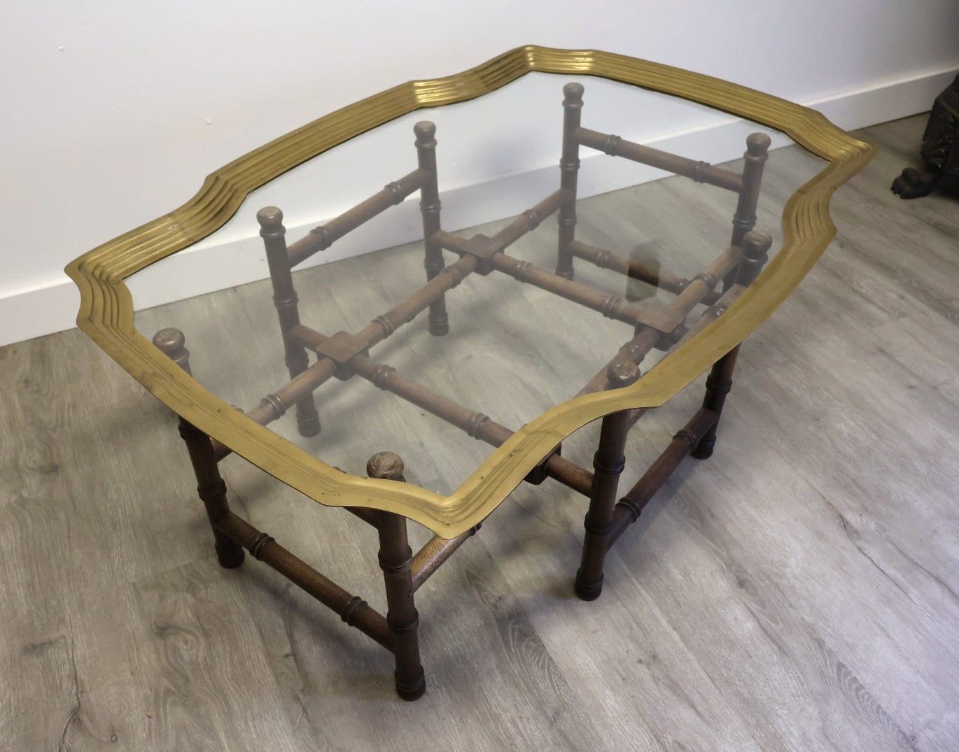 Hollywood Regency Faux Bamboo Brass & Glass Coffee Table