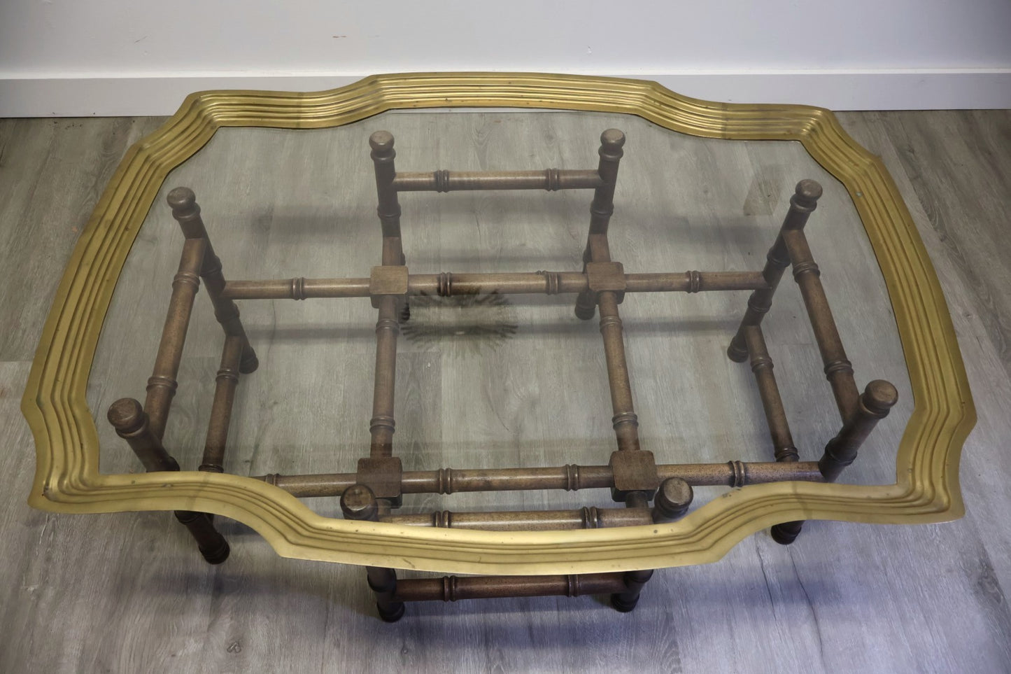 Hollywood Regency Faux Bamboo Brass & Glass Coffee Table