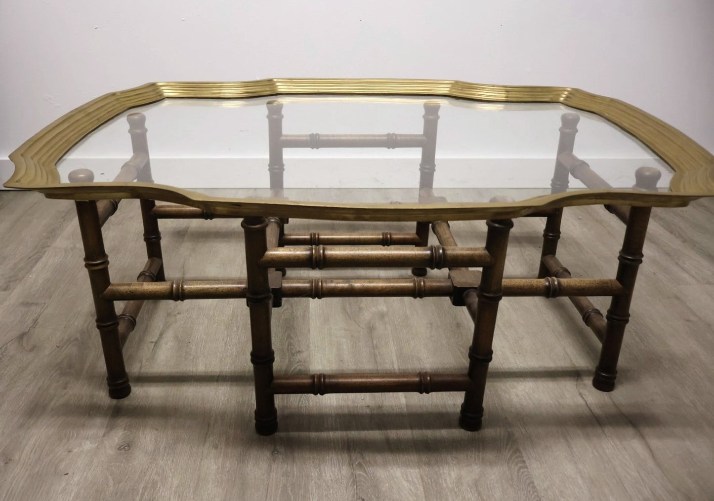 Hollywood Regency Faux Bamboo Brass & Glass Coffee Table