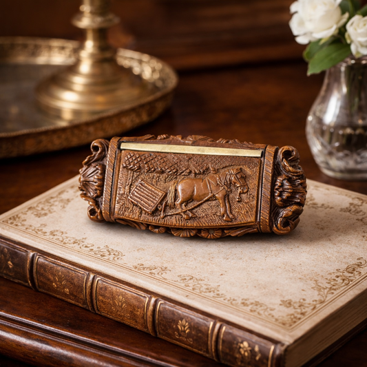 Antique French Coquilla Nut Snuff Box with Equestrian Scene, Circa 1820