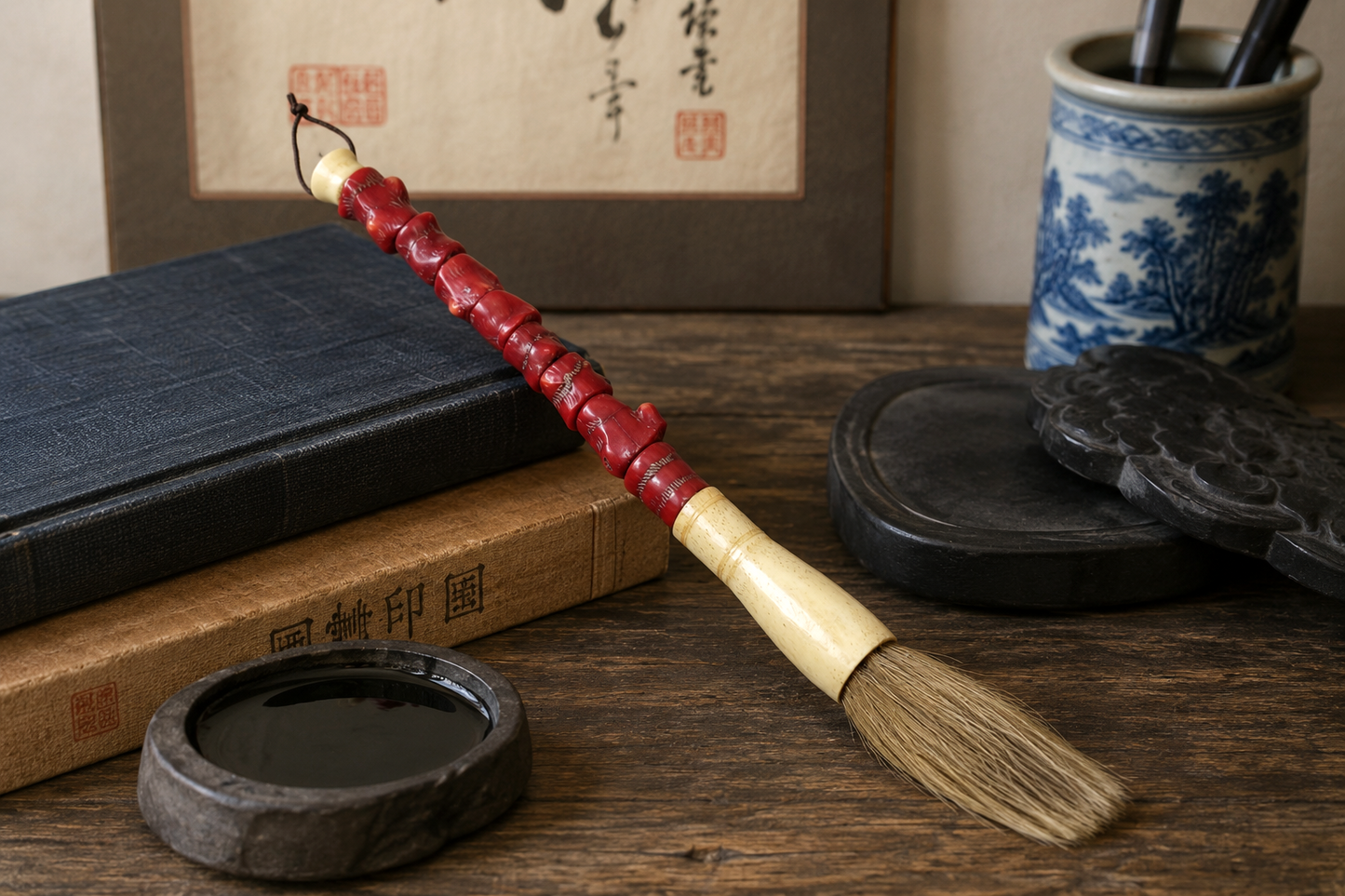 Chinese Calligraphy Brush With Carved Red Coral Handle and Bone Ferrule, Circa 1920–1950