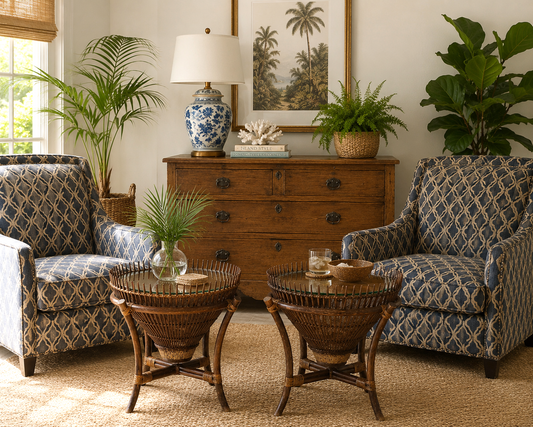 Pair of Mid-Century McGuire Style Rattan End Tables with Glass Tops & Sculptural Gallery Rims