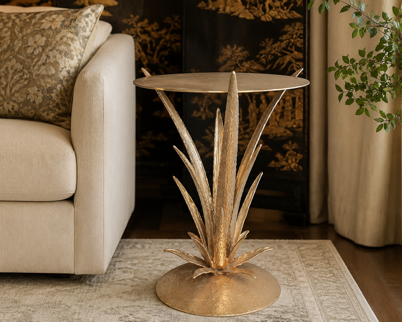 Contemporary Sculptural Aloe Plant Champagne Gold Accent Table