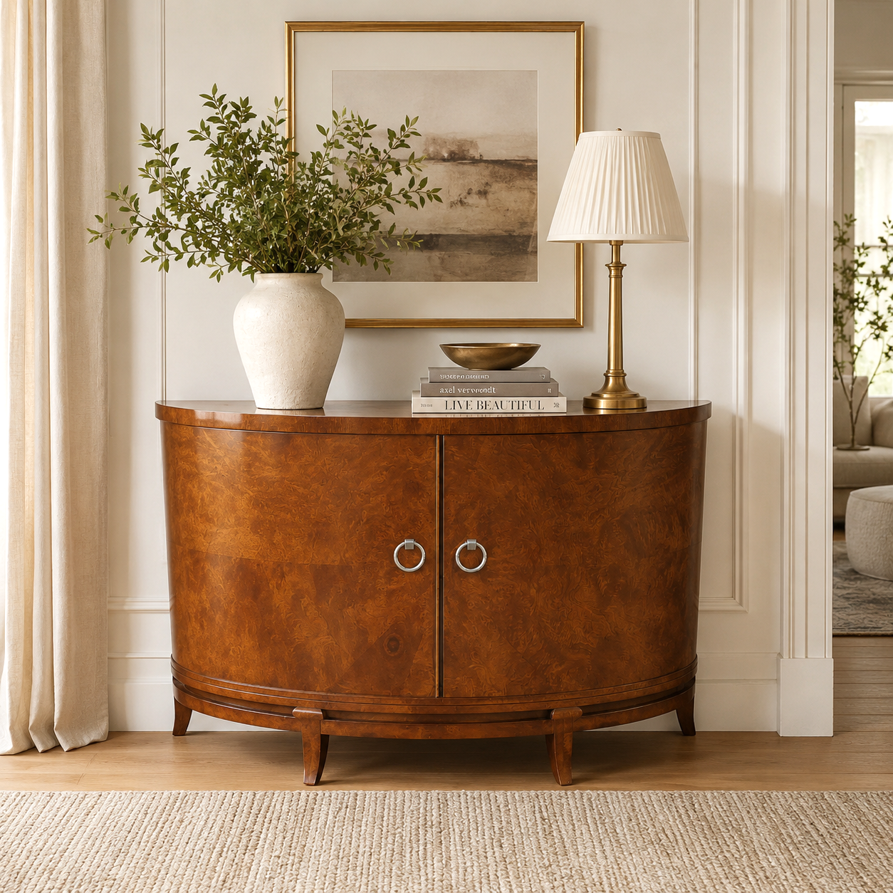 Century Furniture Omni Collection Burl Walnut Demilune Cabinet
