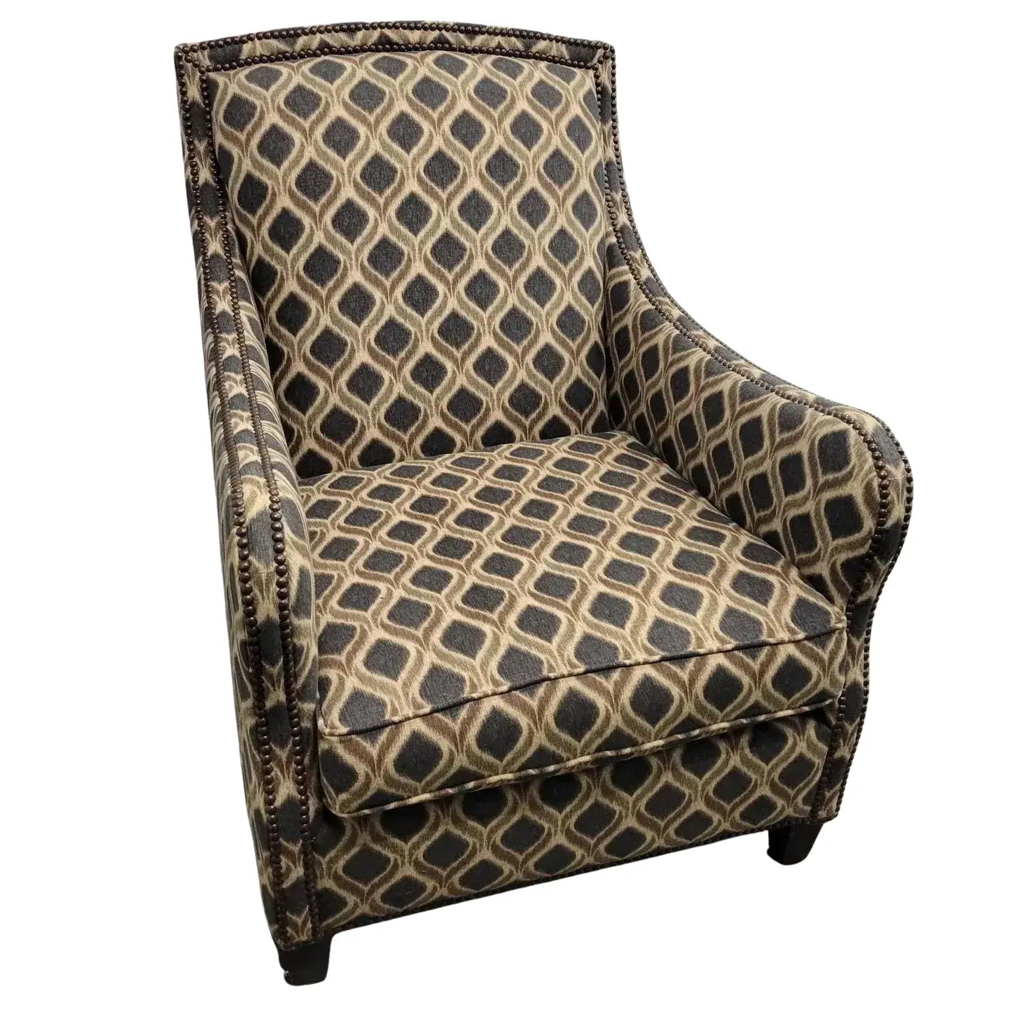 Bernhardt Portfolio Transitional Club Chairs in Navy & Tan Geometric Upholstery — Pair