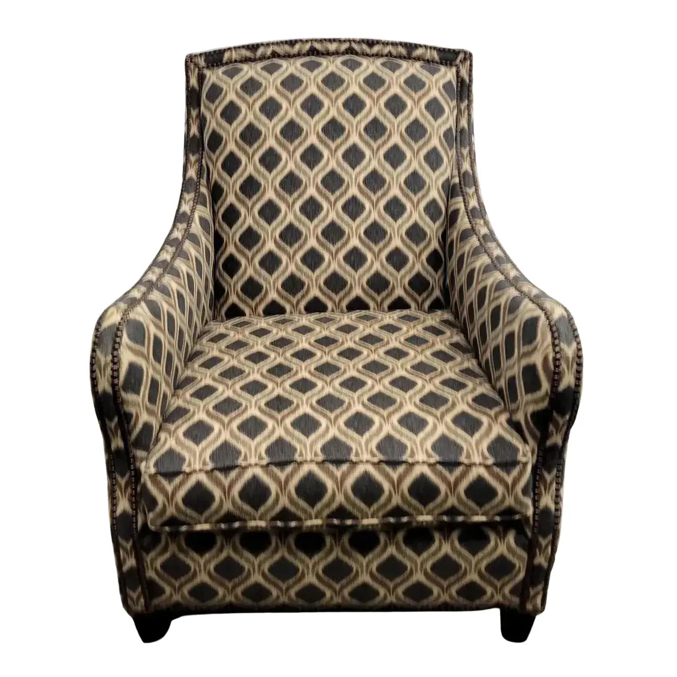 Bernhardt Portfolio Transitional Club Chairs in Navy & Tan Geometric Upholstery — Pair