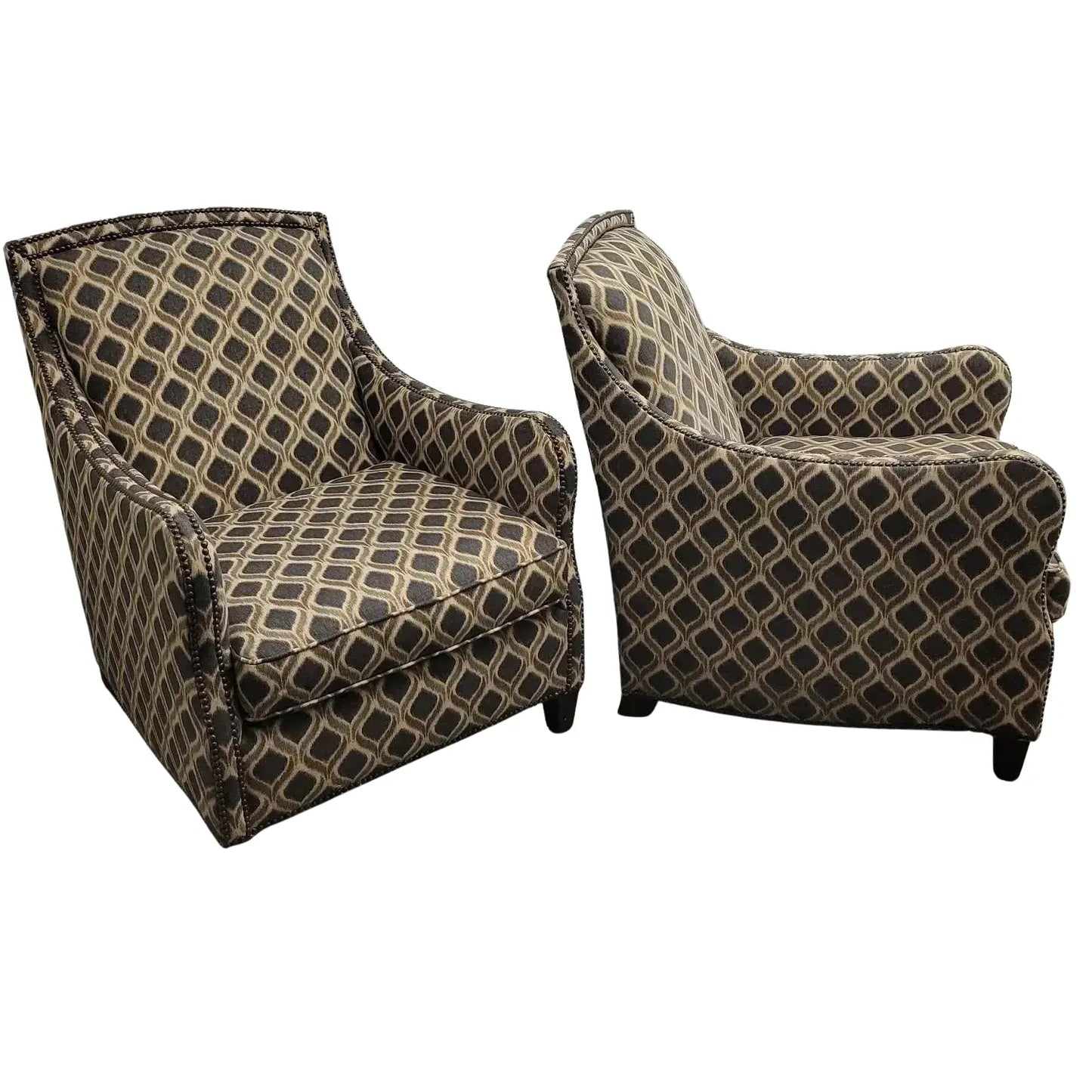 Bernhardt Portfolio Transitional Club Chairs in Navy & Tan Geometric Upholstery — Pair